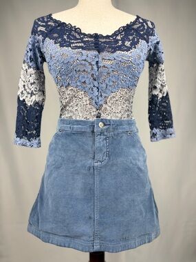 Guess Blue Corduroy Mini Skirt Y2K Stretch A-Line Size 32